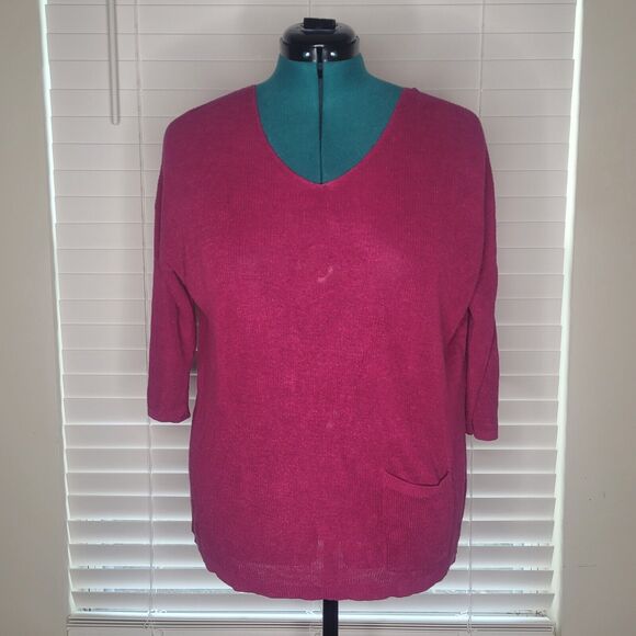 J Jill Raspberry Pink V-neck‎ 3/4 Sleeve Top Size Medium - Picture 1 of 8